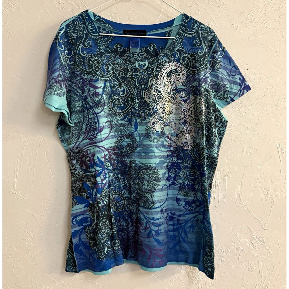 Appropriate Behavior Women’s T-Shirt XL Blue Paisley Print Round Neck Knit
